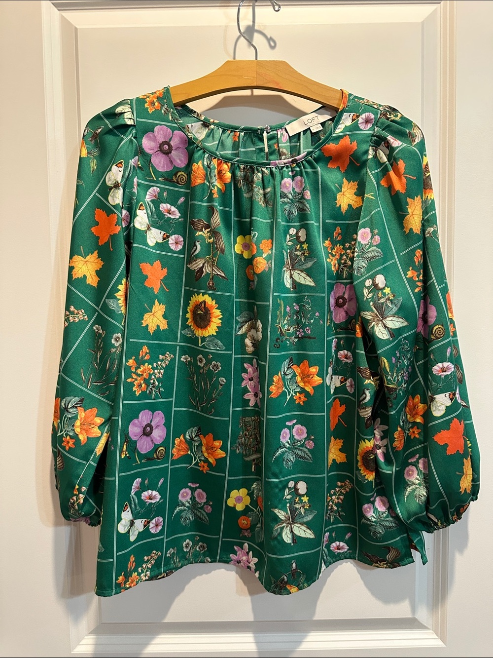 LOFT Emerald Green Floral Grid Peasant Blouse